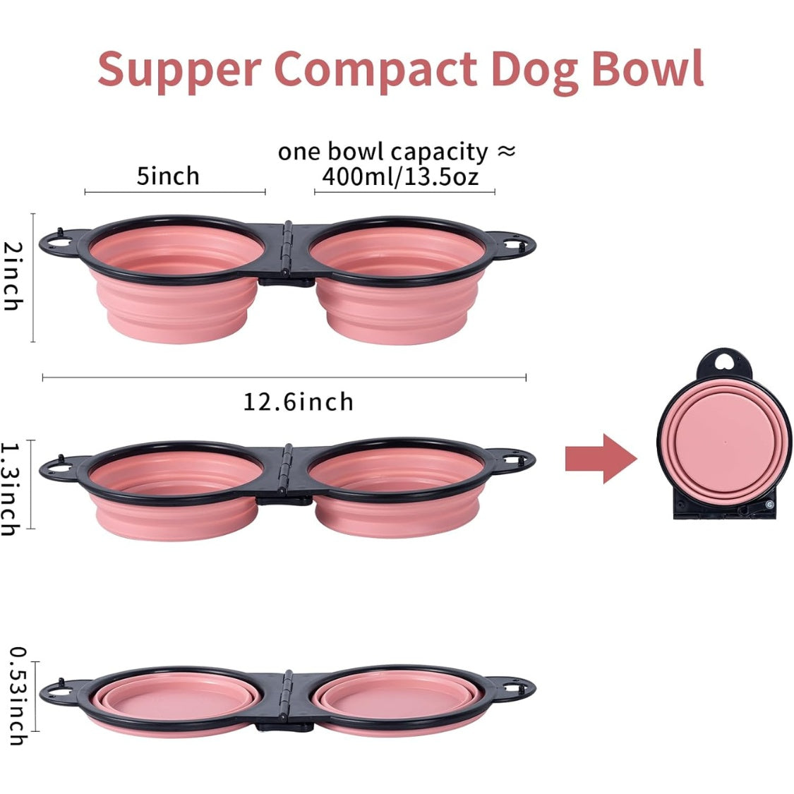 Collapsible Double Dog Travel Bowl with Lock Clips & Flip-Over Fold, Pink โ view 4