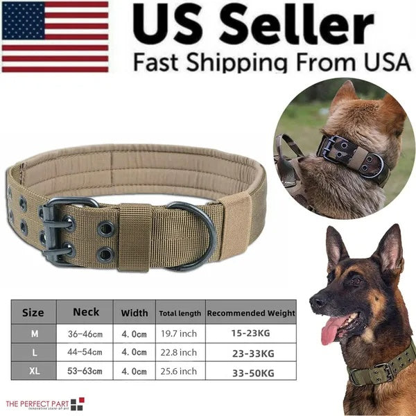 Wide Tactical Dog Collar – 1.65" Heavy-Duty Nylon, Neoprene Lined, Metal Buckle, Brown, M–XL