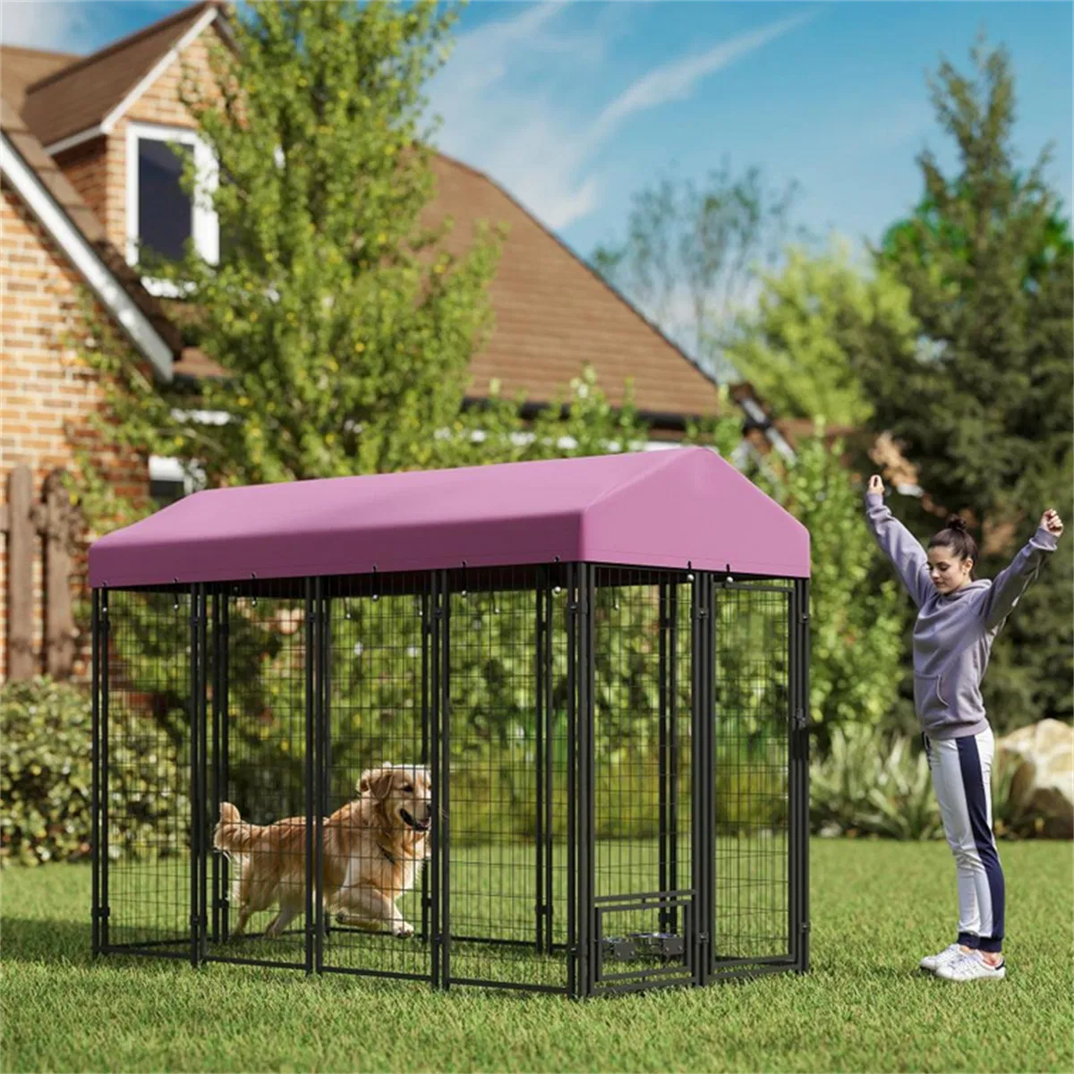 Large Outdoor Dog Kennel with Roof Cover – 30 sq ft, 12 Wire Panels, Rotating Bowl Holders, Red – view 8