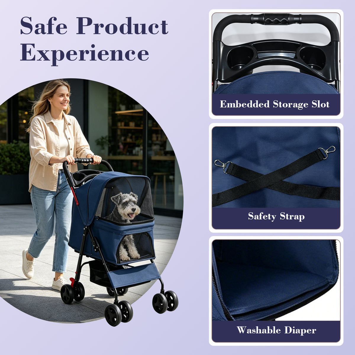 Foldable Pet Stroller for Small Dogs and Cats โ Up to 28 lbs, Tray, Storage Basket, 4 Wheels, Blue โ view 7