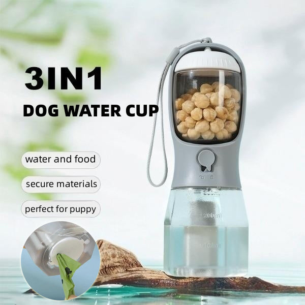 3-in-1 Dog Water Bottle – Travel Cup with Food Container, Waste Bag Holder & Filter, 300 ml