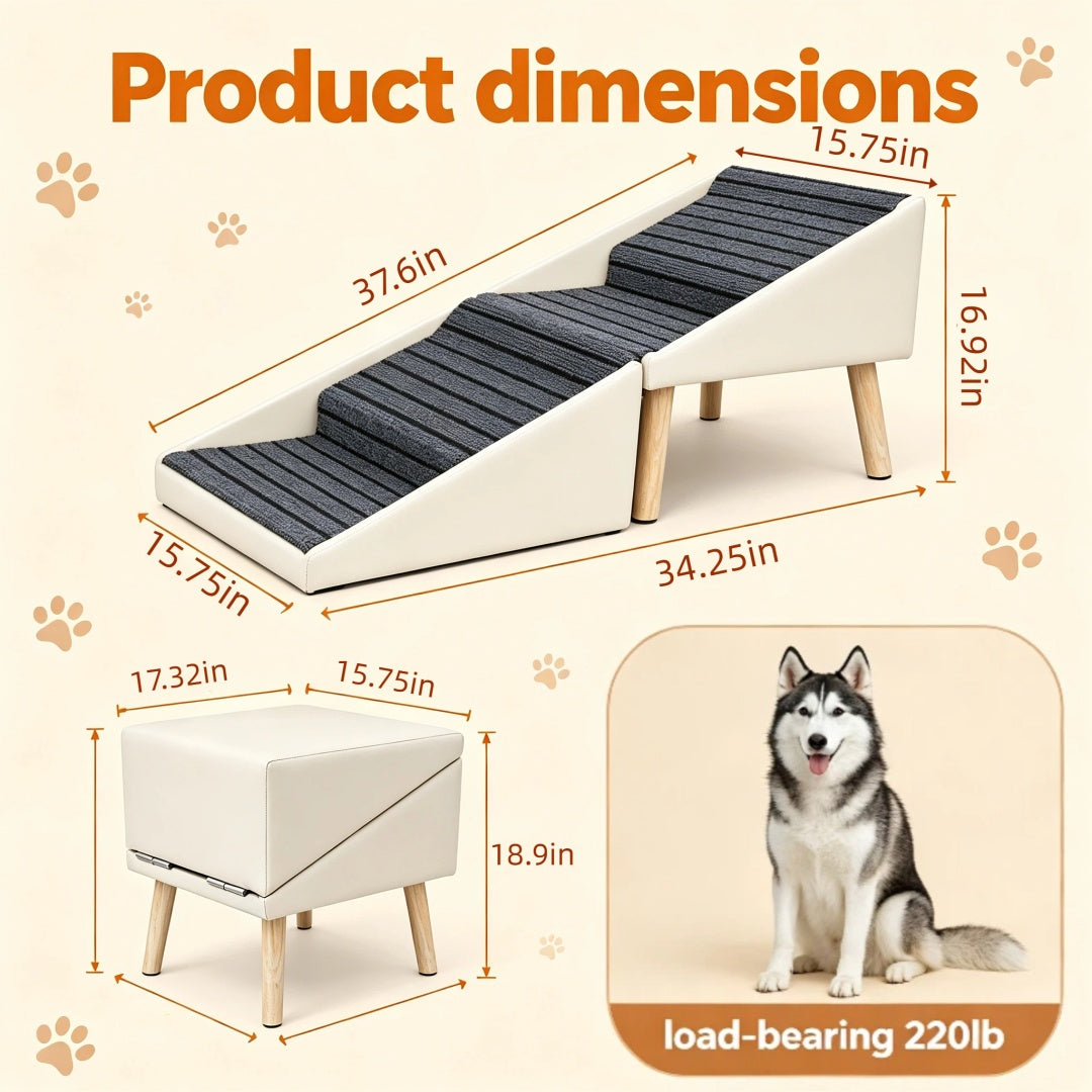 2-in-1 Foldable Dog Stairs and Ottoman โ 4-Step Pet Steps for Bed and Couch, Anti-Slip, Beige โ view 2