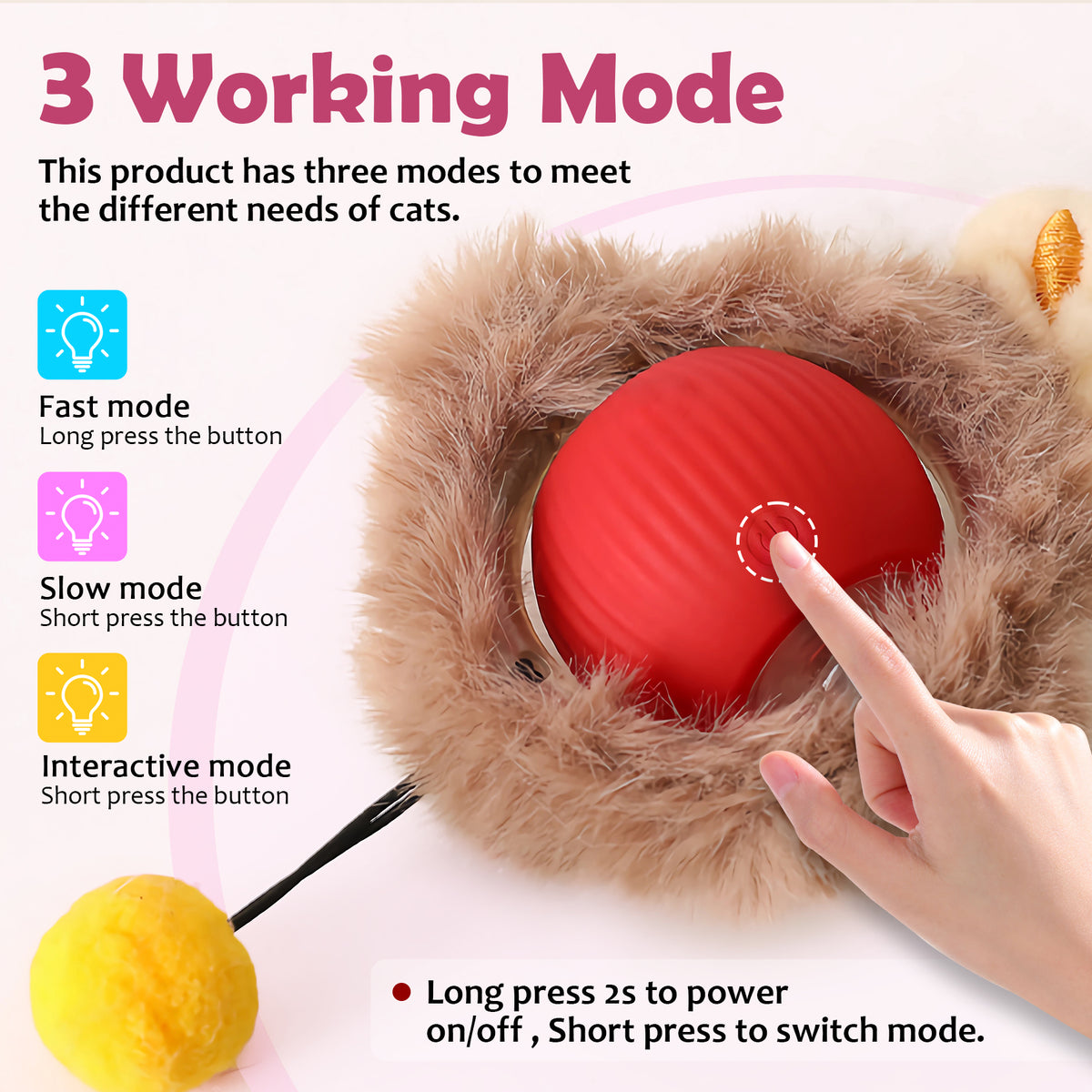 Motion-Activated Moving Cat Ball with Lights, Fluffy Tail and Bunny Ears, 3 Speed Modes โ view 8