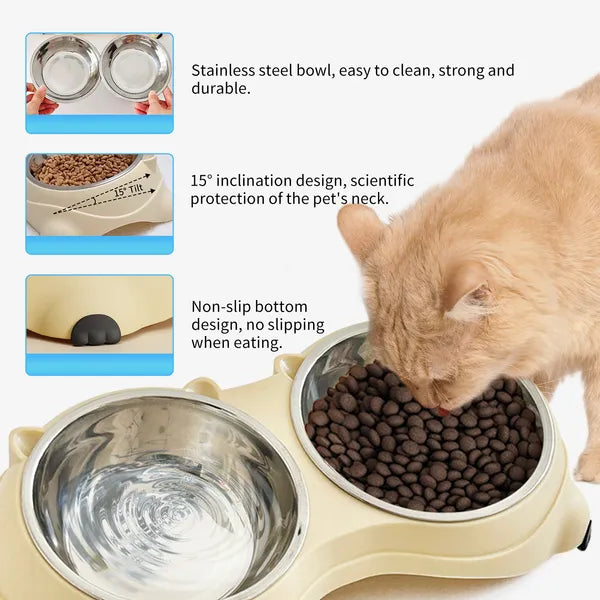 Pink Stainless Steel Double Cat Bowl Set with Anti-Slip Base, Food and Water Bowls, 600 ml Each โ view 5