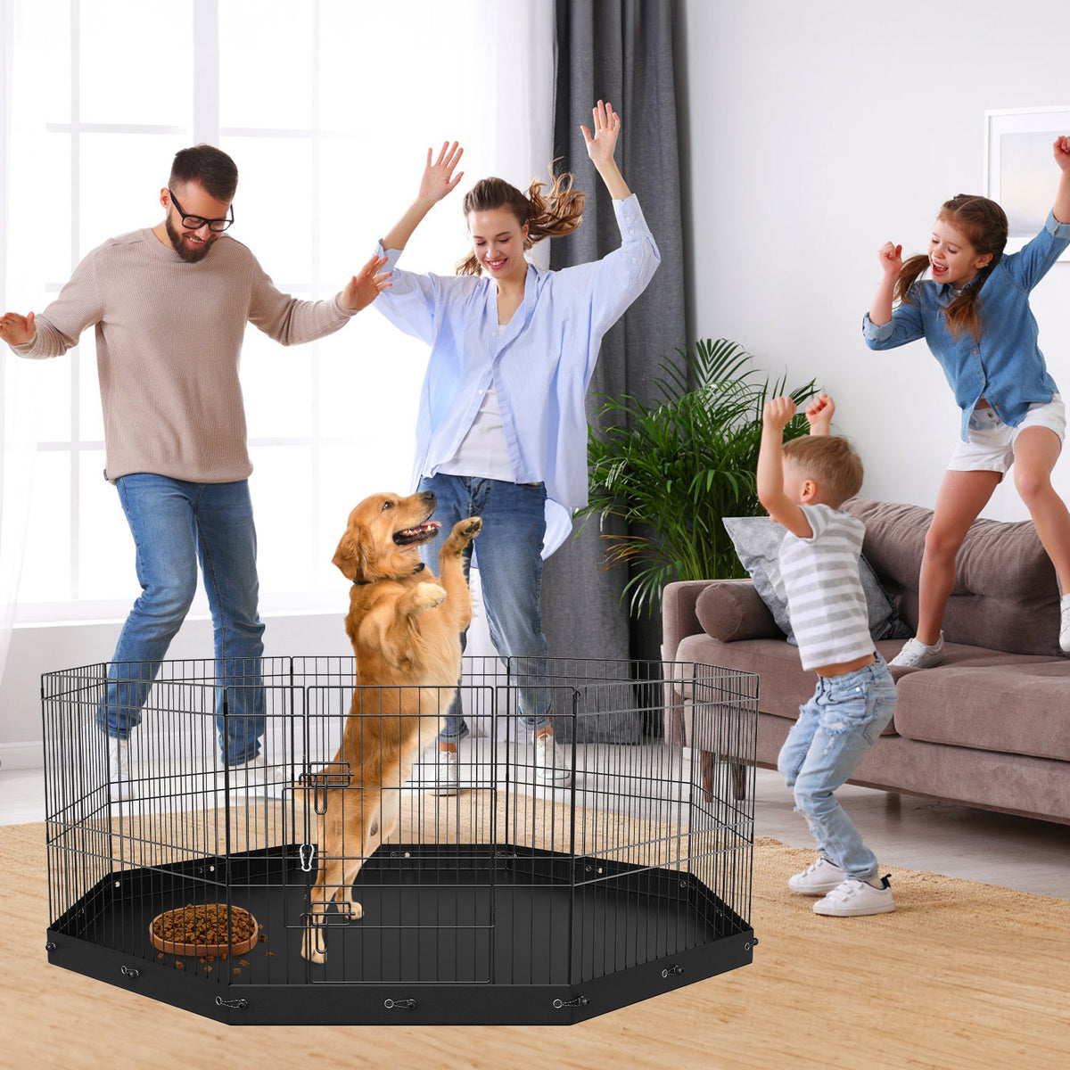 8-Panel Metal Dog Playpen with Waterproof Bottom Pad โ 24 In Tall, Ground Stakes, Foldable, Black โ view 6