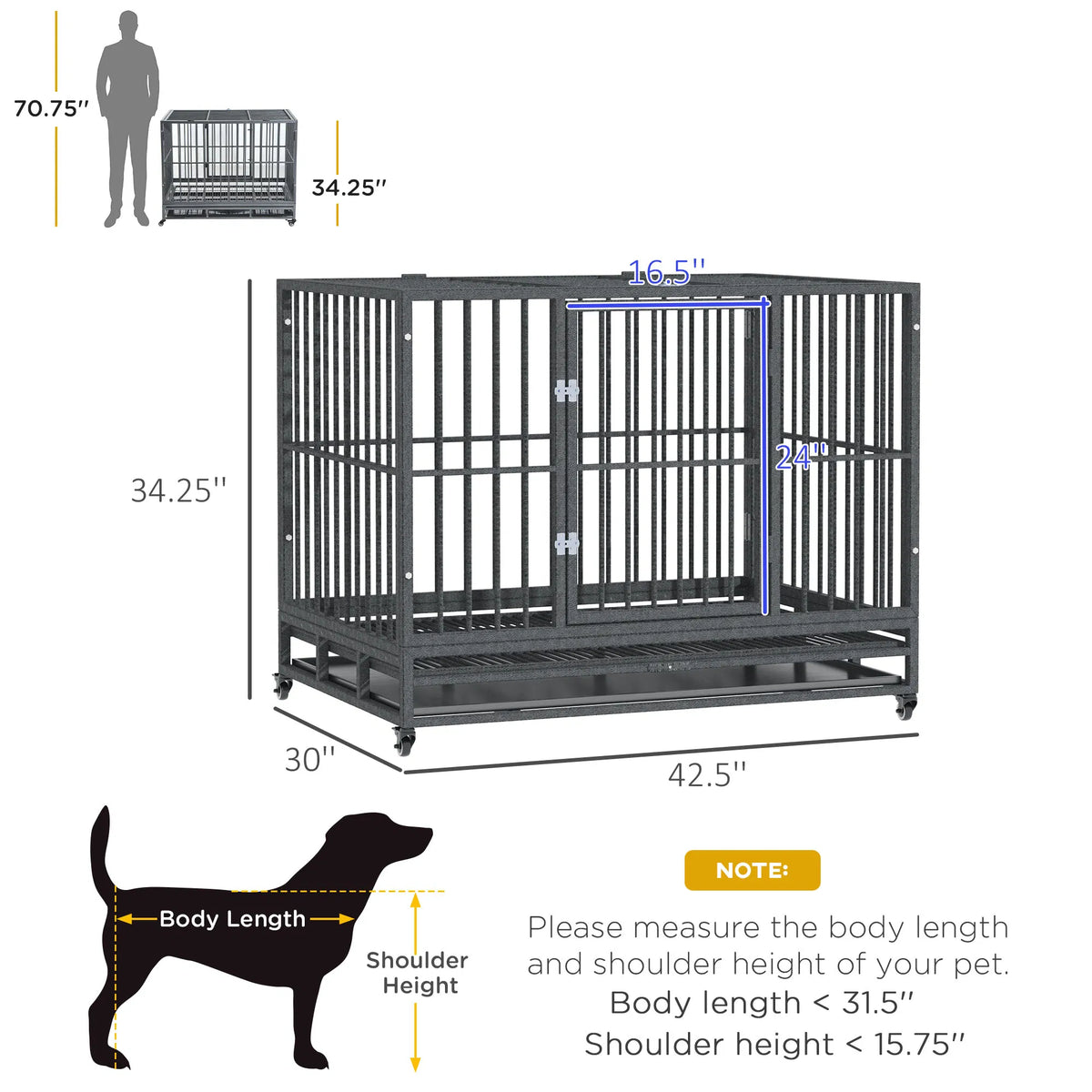 43 in Heavy-Duty Dog Crate with Locking Wheels โ Double Door, Removable Tray โ view 2