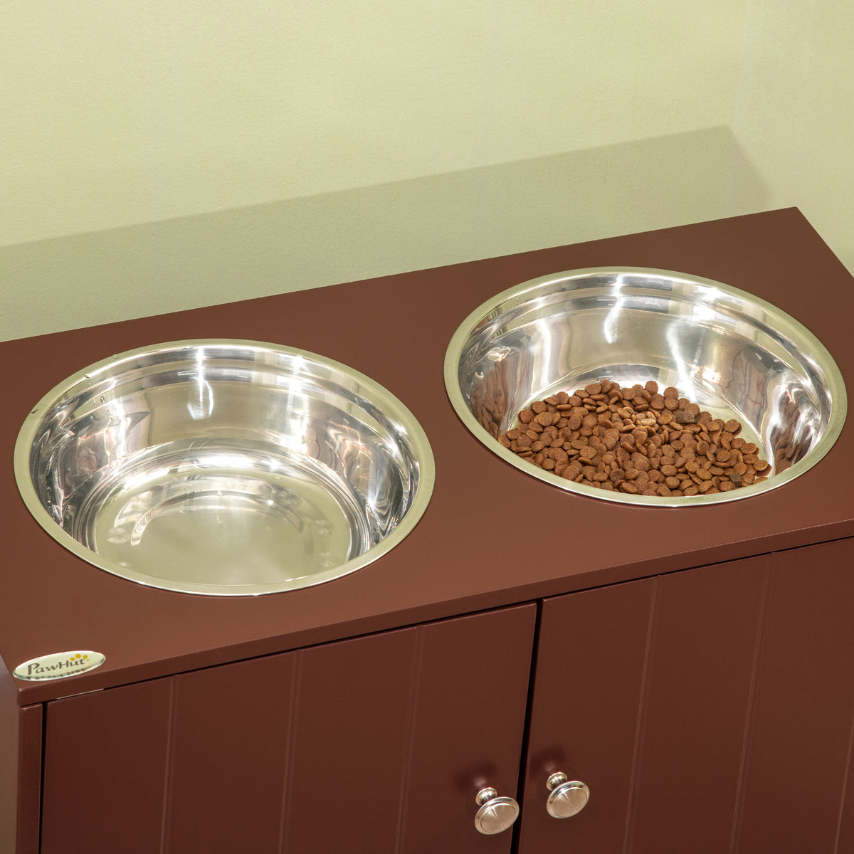 Elevated Dog Bowls with Storage Cabinet โ Magnetic Doors, 2 Stainless Steel Bowls, Brown โ view 8