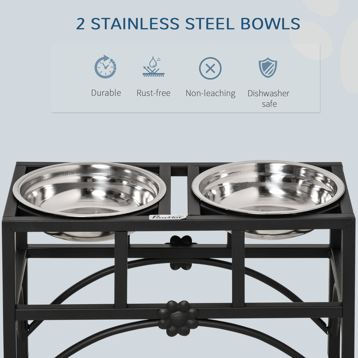 Elevated Double Dog Bowl Stand 17 in โ Iron Frame with 2 Stainless Steel Bowls, Black & Silver โ view 4