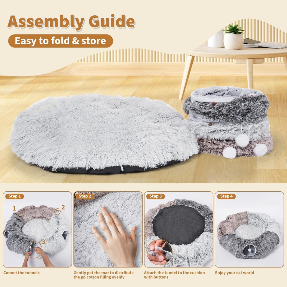 Large Plush Donut Cat Tunnel with Detachable Bed and 20 Cat Toys, 87 in, Gray โ view 3