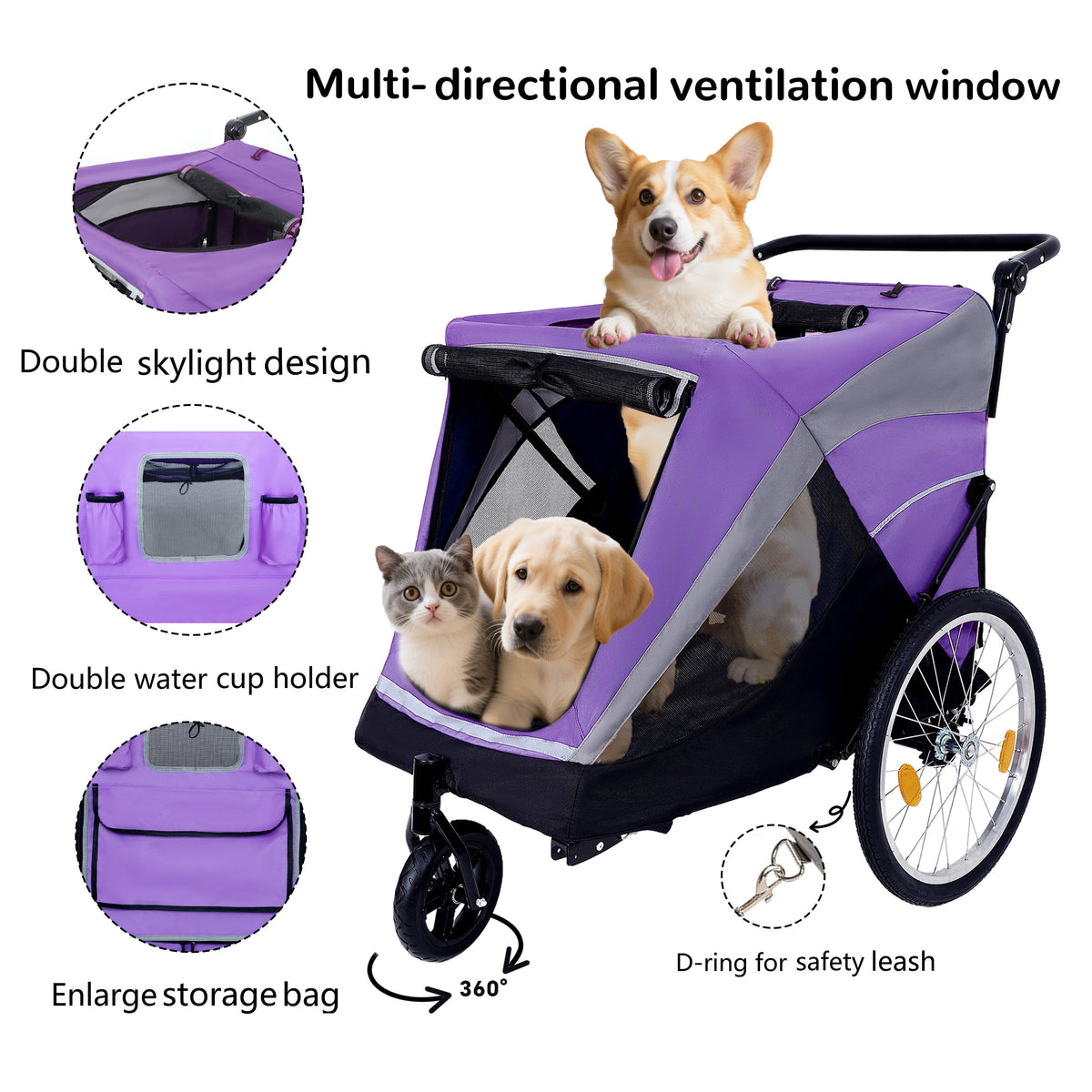 2-in-1 Dog Bike Trailer and Push Cart โ Quick-Release Wheels, Holds Up to 100 lbs, Purple and Black โ view 3