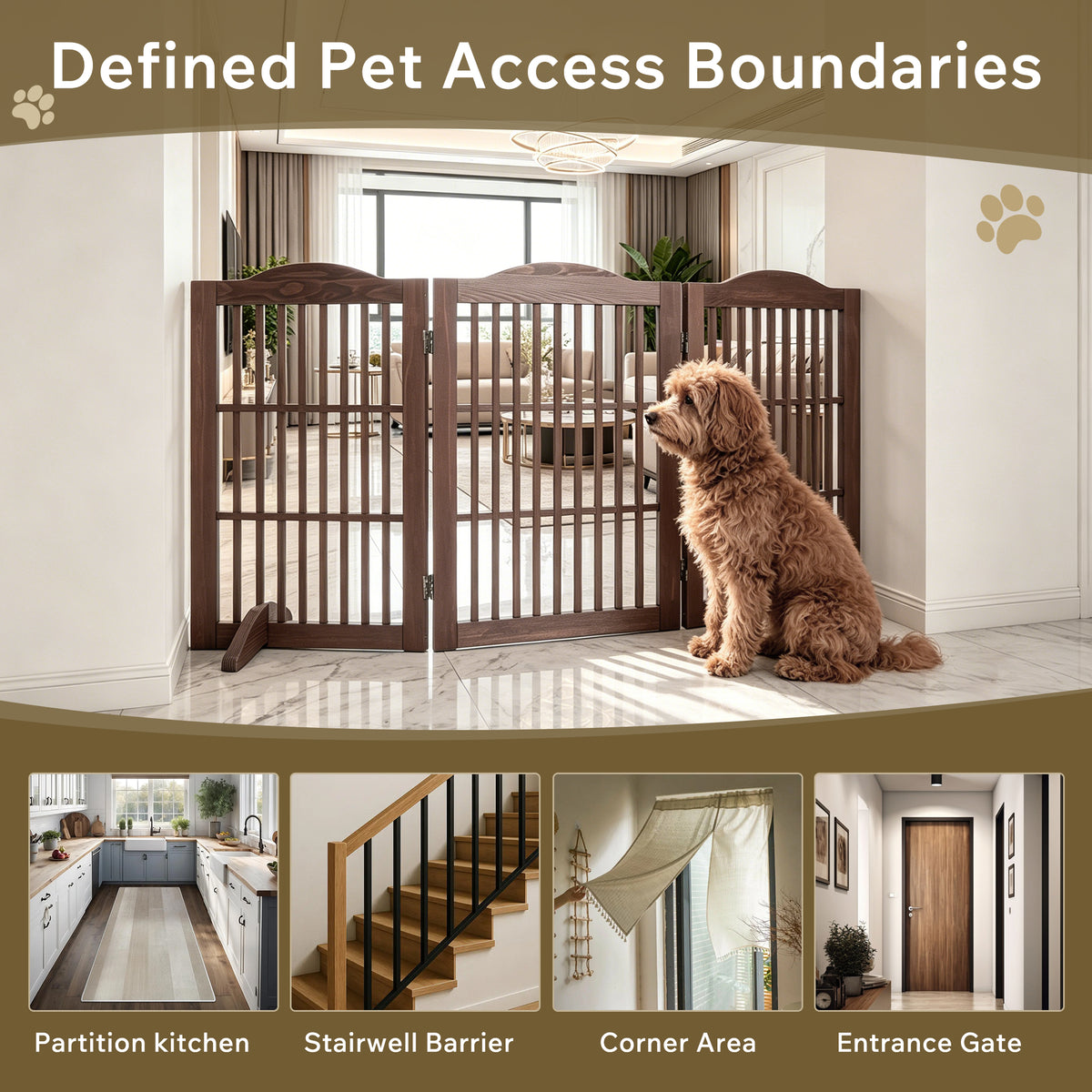 Foldable Wooden Dog Gate โ Freestanding 3-Panel Step-Over Fence with Support Braces, 30 In, Brown โ view 4