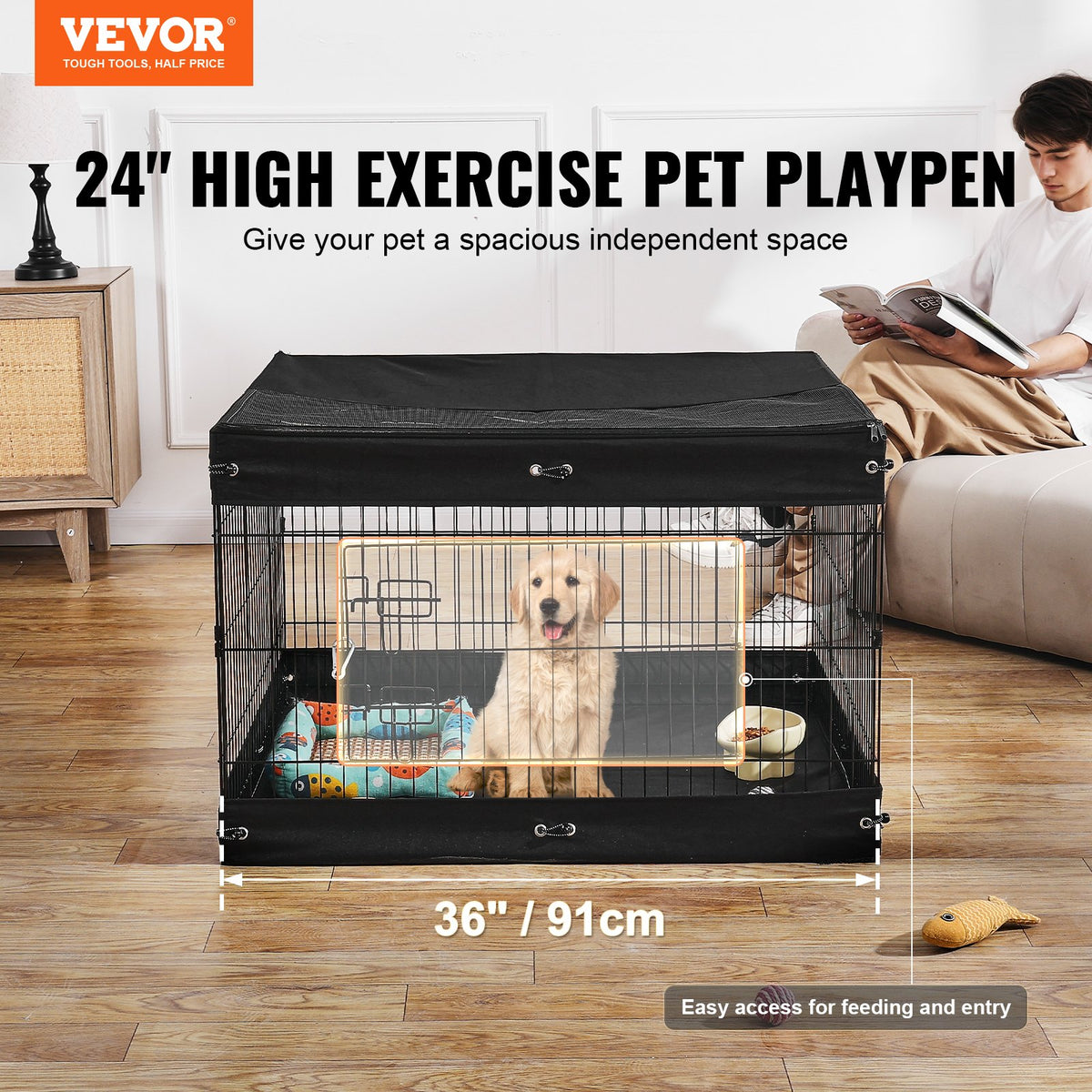 4-Panel Foldable Dog Playpen โ Metal Pen with Zippered Top Cover and Floor Mat, 24 in, Black โ view 2