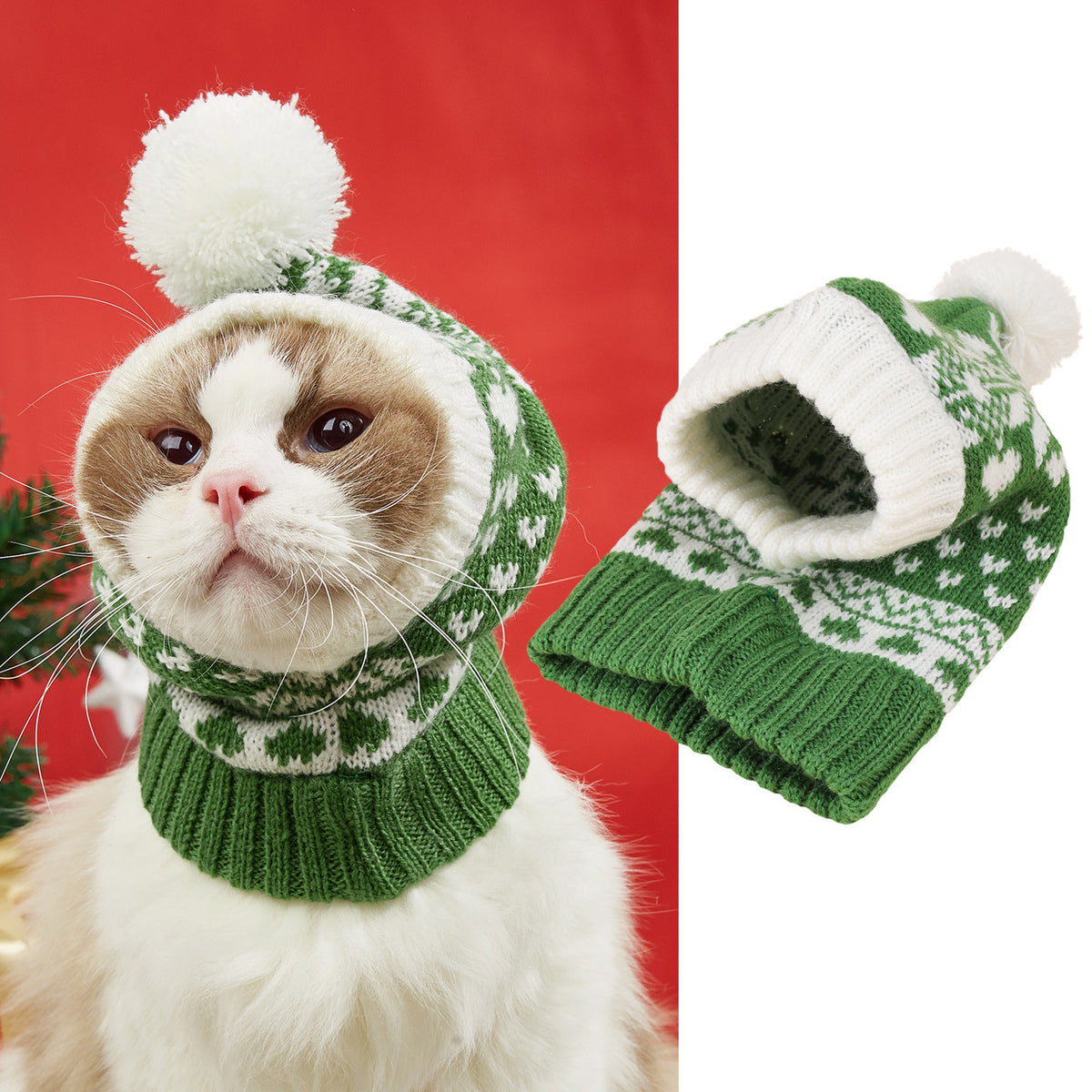 Christmas Knit Pet Hat with Pom-Pom – Snowflake Designs – view 5