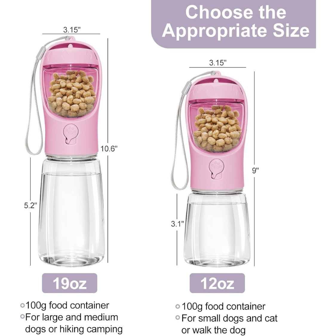2-in-1 Portable Dog Water Bottle with Food Container โ 12 oz, Leak-Proof, Pink โ view 6