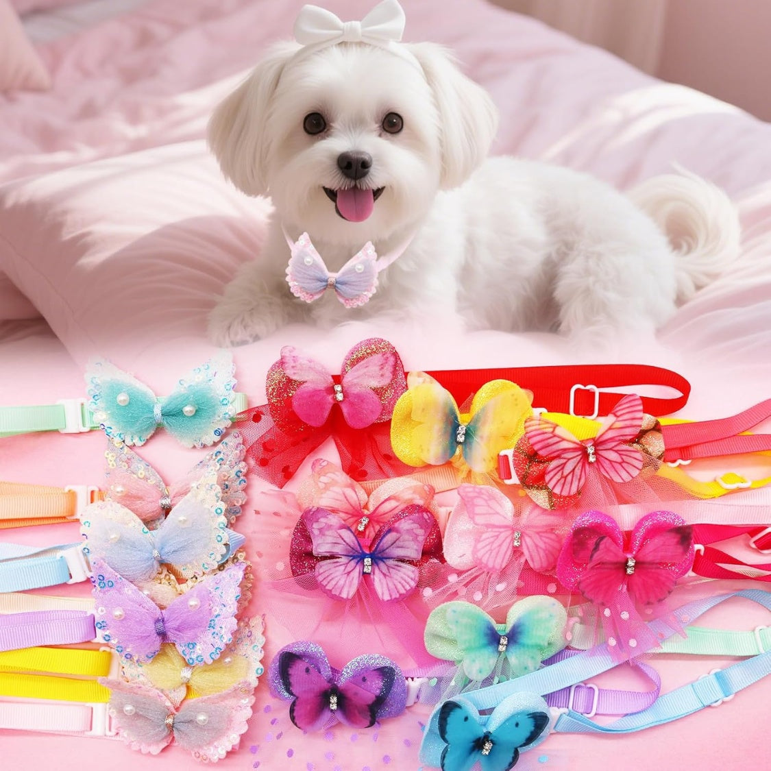 Puppy Bow Collars 20-Pack – Lace Pearl & Butterfly Bow Ties, Adjustable 8.3–15.6 in for Small Dogs & Cats – view 6