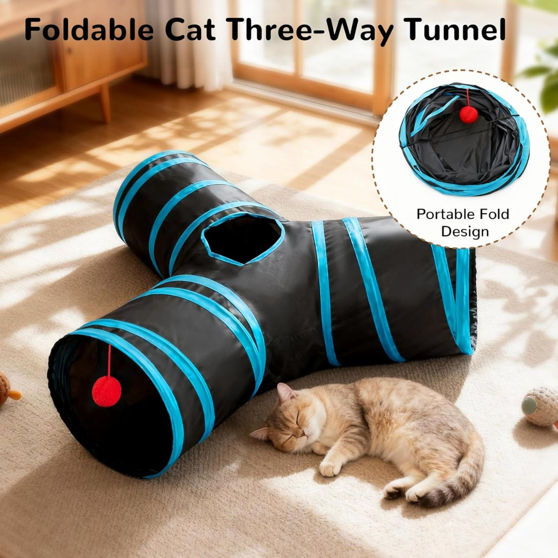 3-Way Collapsible Cat Tunnel โ Indoor Play Tube with Peek Holes & Dangling Ball, Black โ view 8