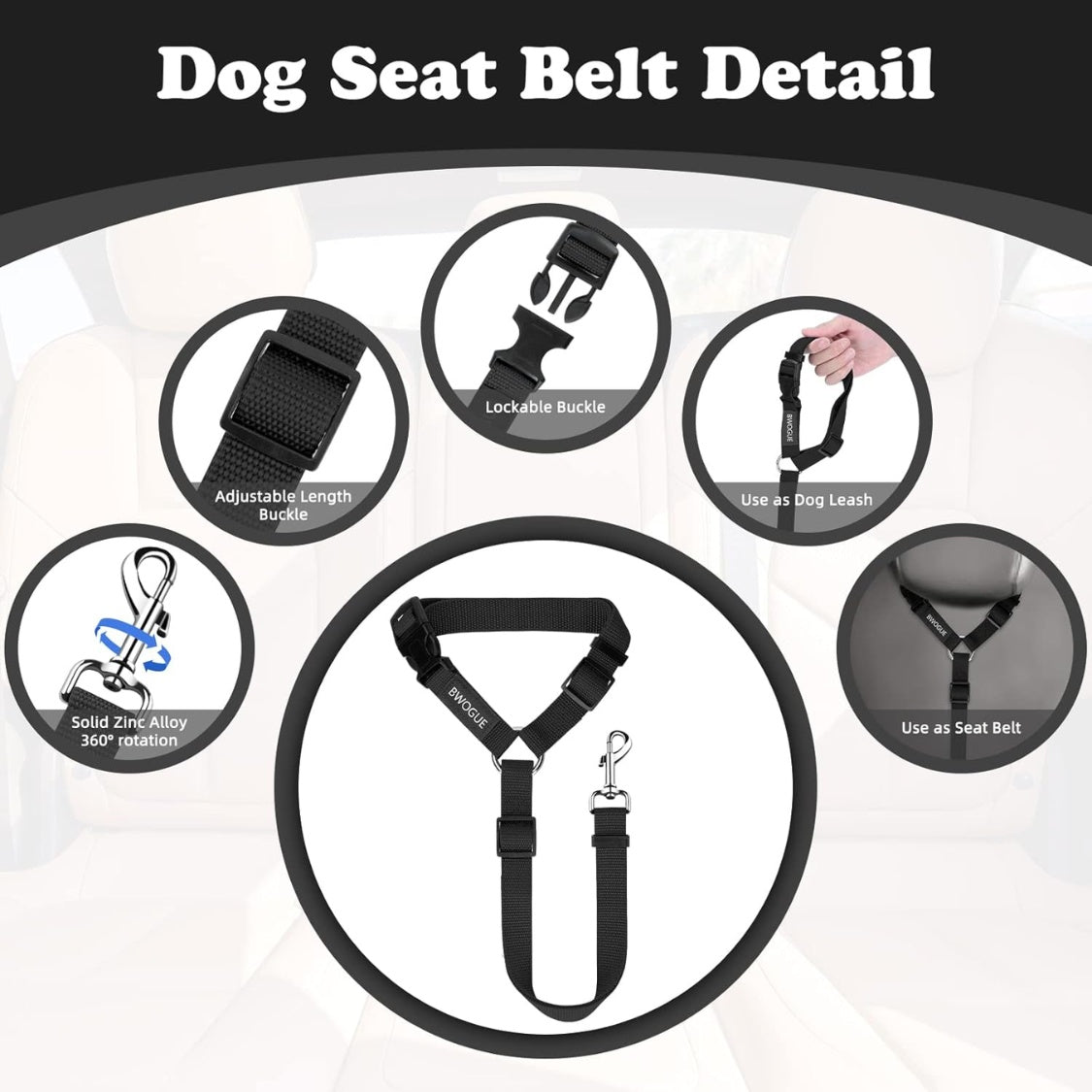 Dog Car Seat Belt Headrest Restraint 2-Pack – Adjustable 18–30 in Nylon Safety Leads, Black – view 7