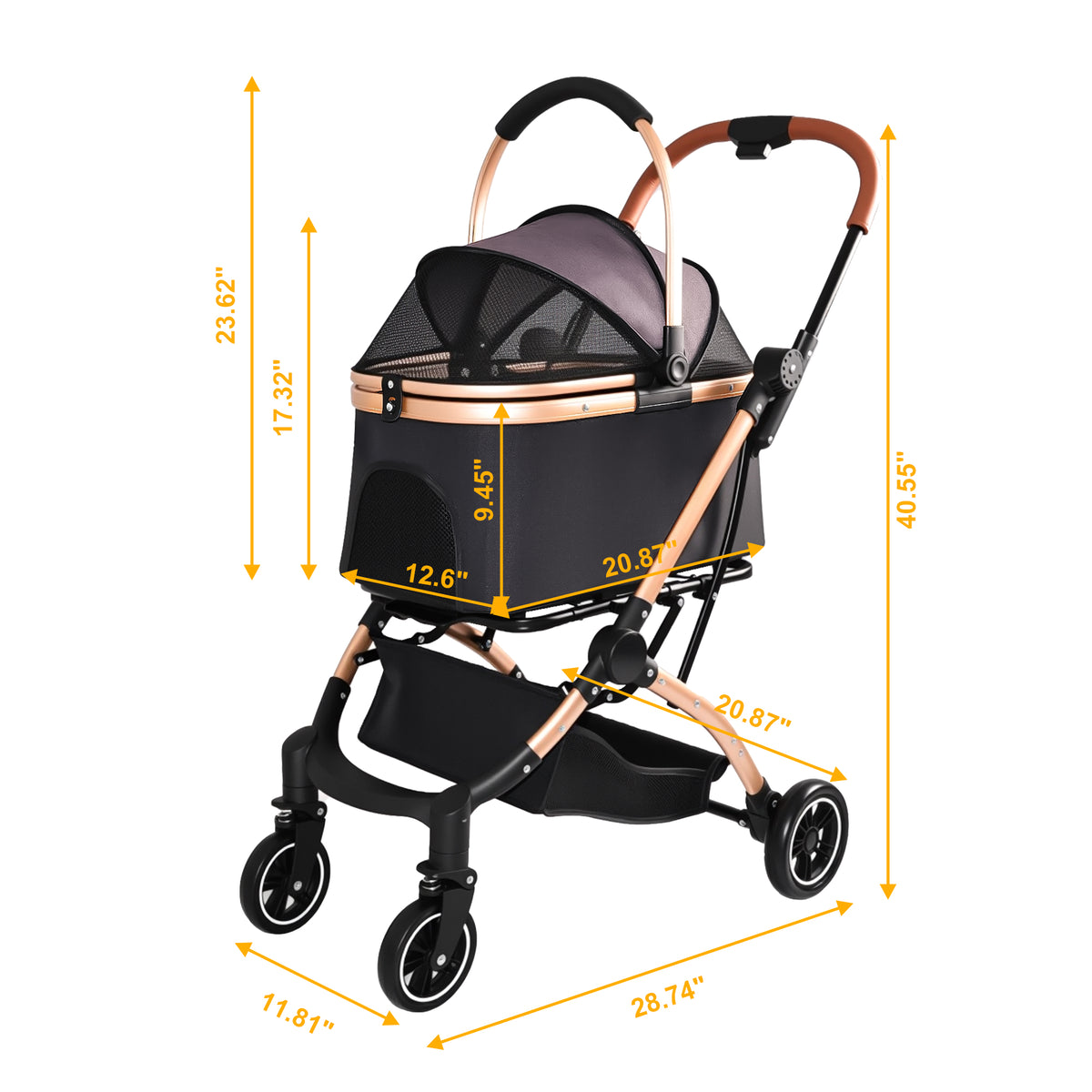 2-in-1 Detachable Pet Stroller – One-Hand Fold, Carry Basket, Sun Canopy, Storage Basket, Black – view 4