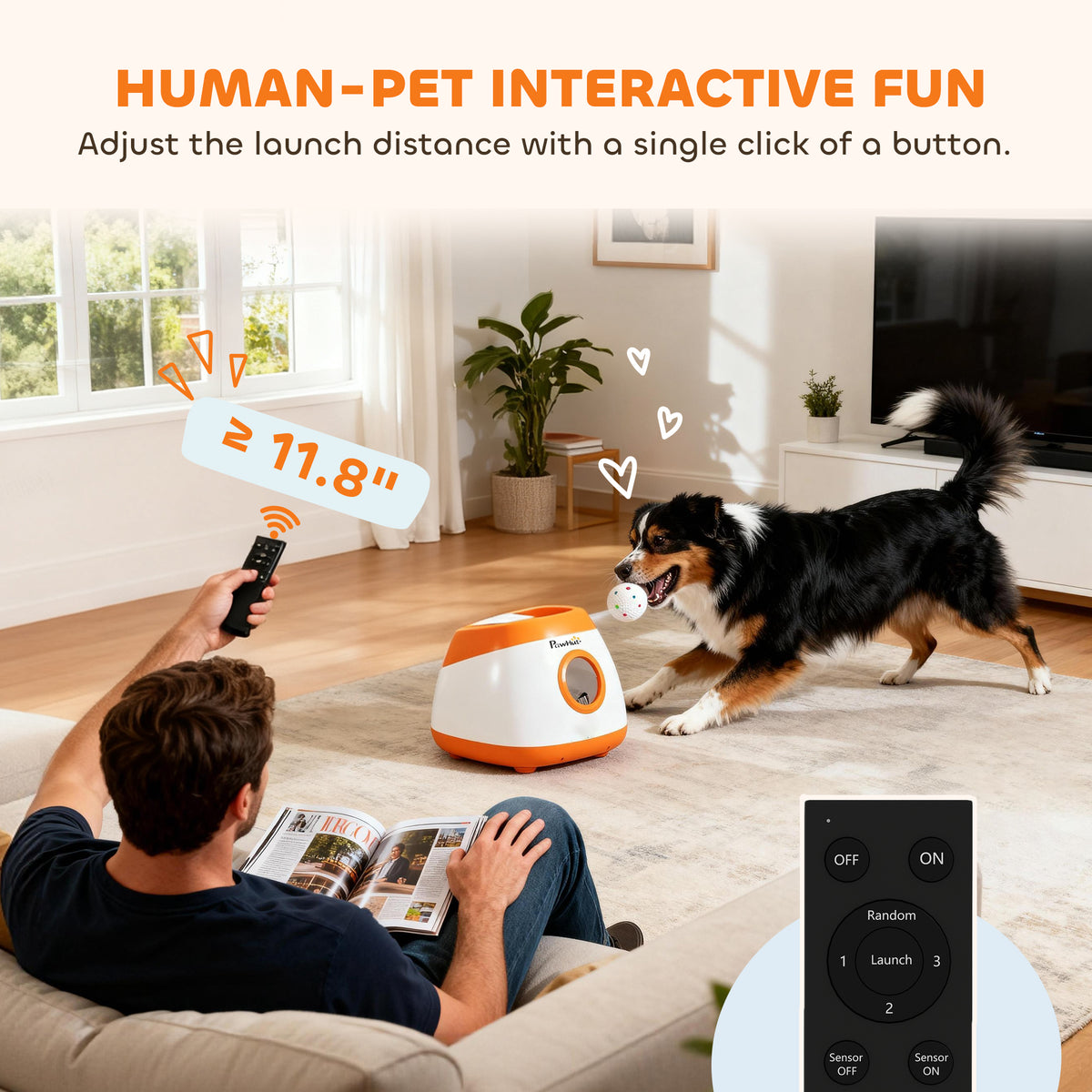 Automatic Dog Ball Launcher with Remote Control, 26–79 ft Range and 6 Balls, Orange – view 7