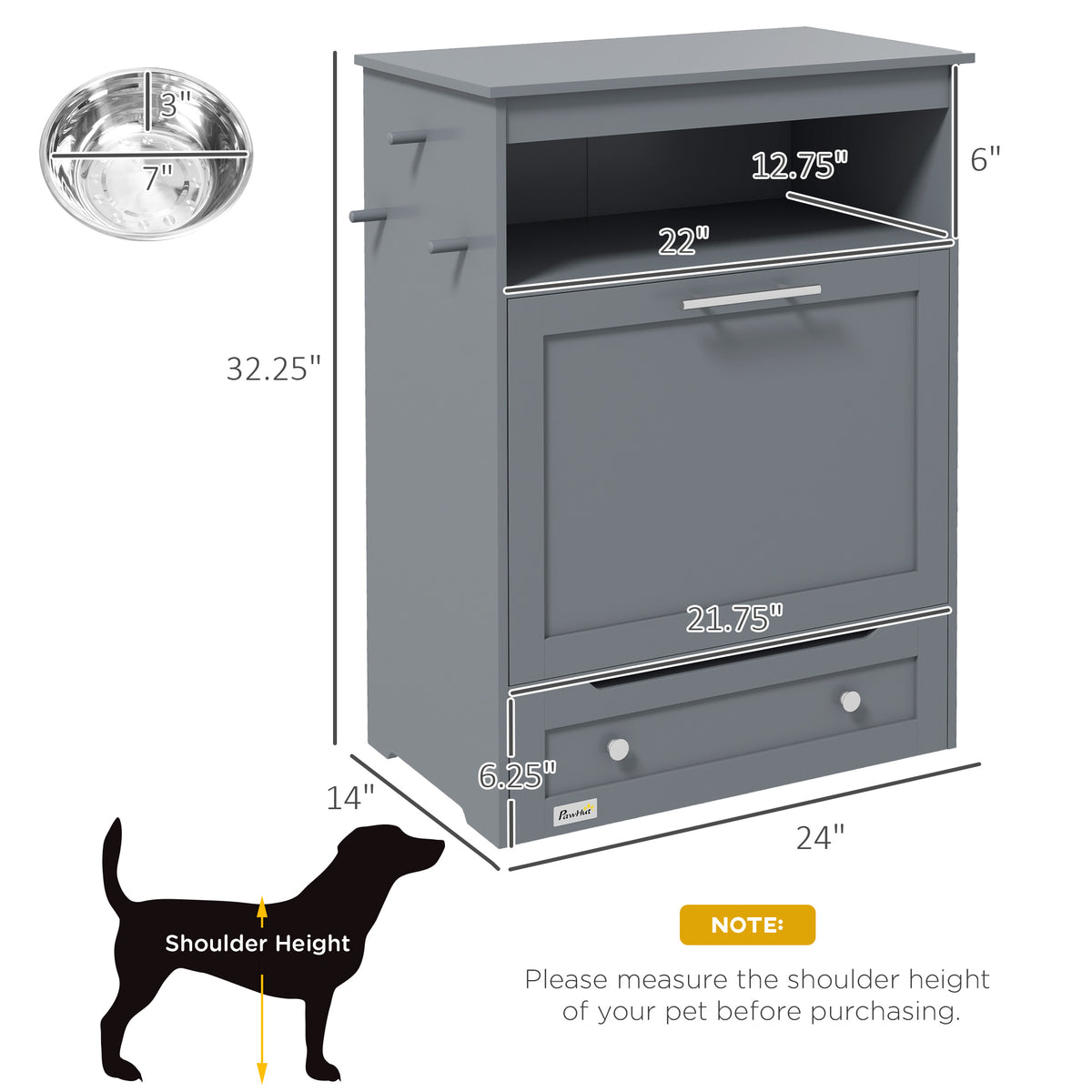 Pet Feeding Station Cabinet with Pull-Out Raised Bowl Drawer, Hooks and Storage, Grey โ view 5