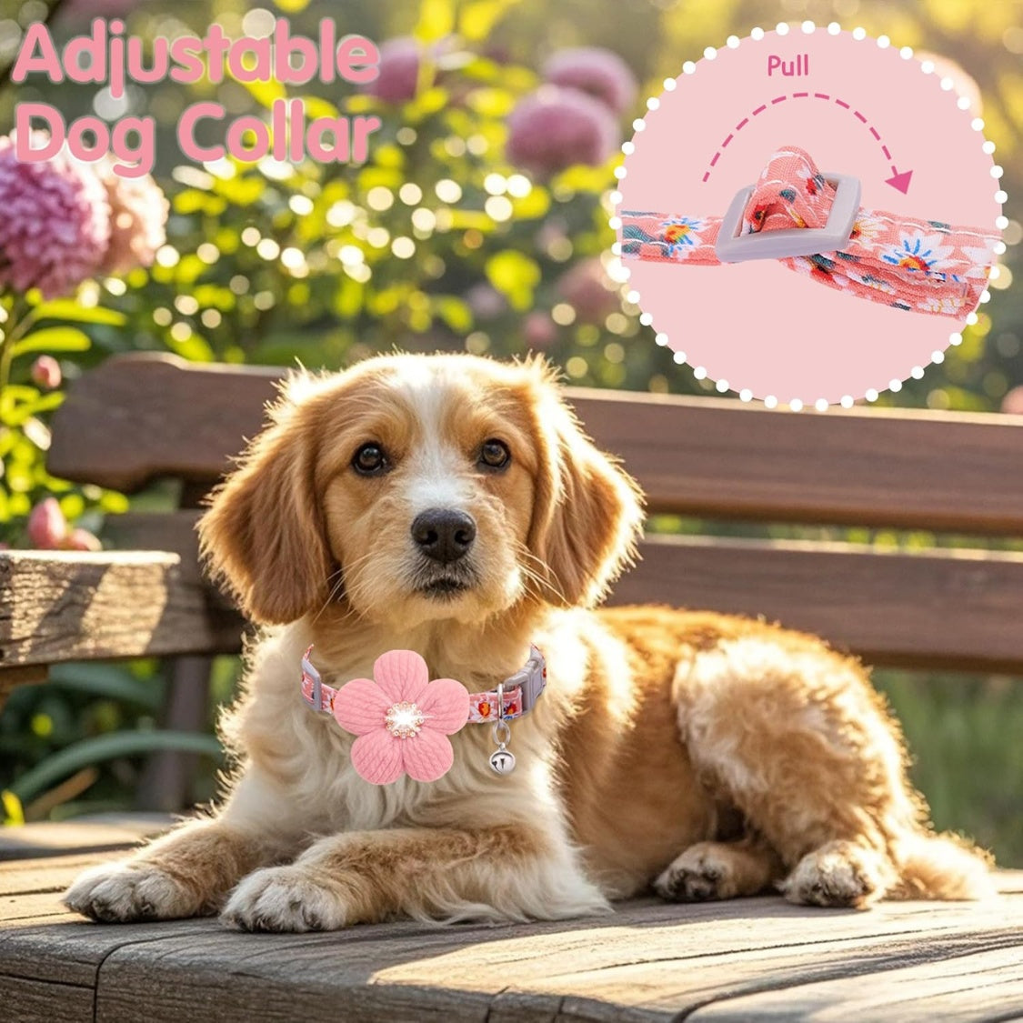 Flower Dog Collar with Bell โ Cute Floral Cotton Collar for Small Girl Dogs, Adjustable, Pink โ view 8