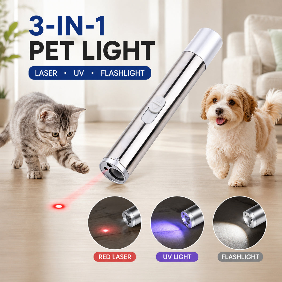 3-in-1 USB Rechargeable Pet Laser Pointer โ Red Laser, UV Light & LED Flashlight Pen โ view 2