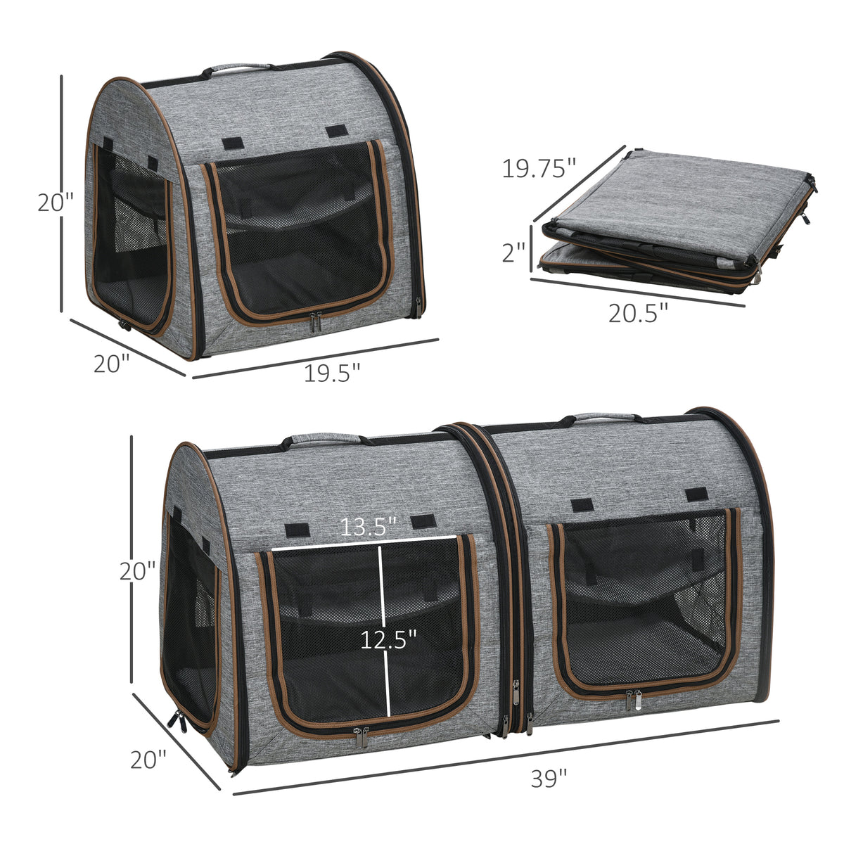 39" Double Cat Carrier with Divider โ Foldable Soft-Sided Pet Crate, 2 Compartments, Light Gray โ view 3