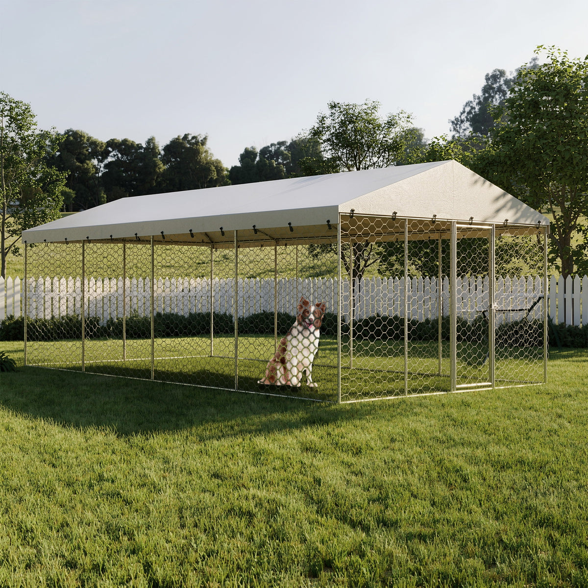 Large Outdoor Dog Kennel with Canopy โ 10x20 Ft, Galvanized Steel, 18 Ground Stakes, Silver