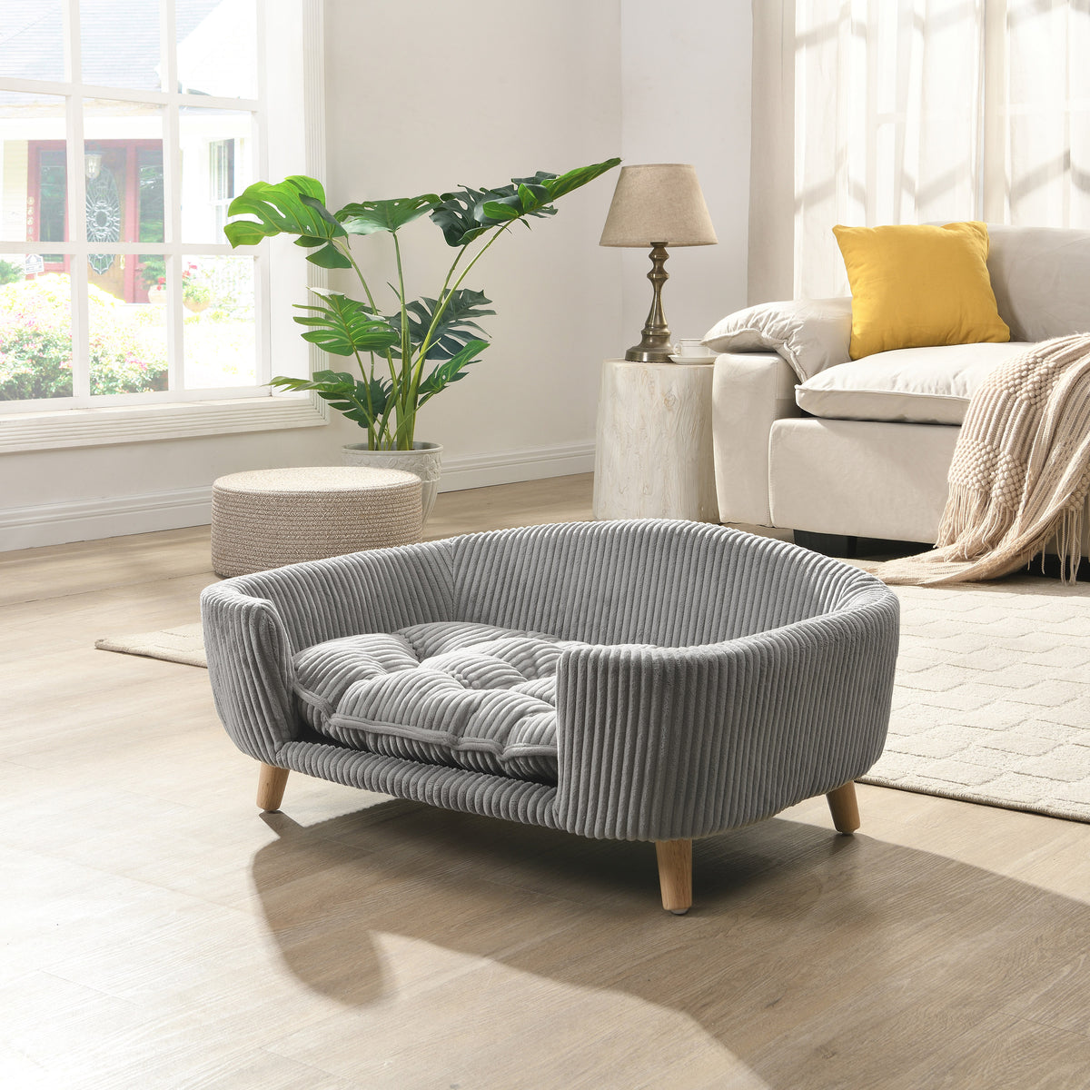 Elevated Dog Bed for Small Dogs โ Corduroy Couch, Rubber Wood Legs, Supportive Foam, Grey โ view 4