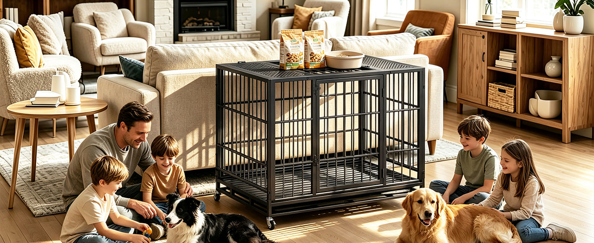 Heavy-Duty Metal Dog Crate on Wheels โ Double Doors, Perforated Top, Slide-Out Tray, Black โ view 3