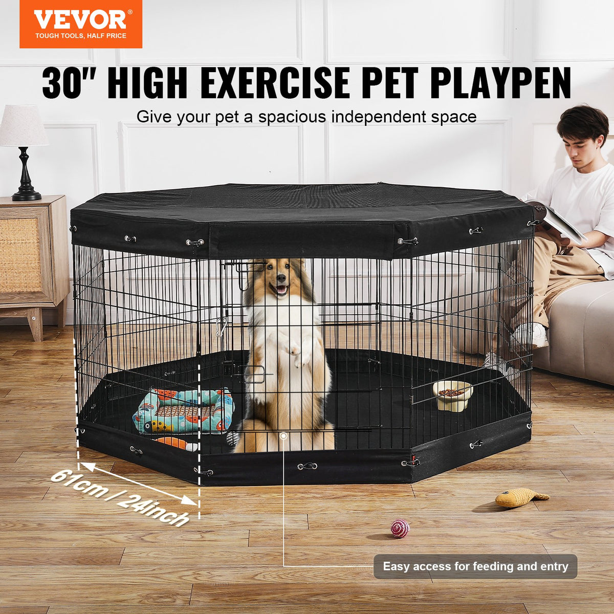 8-Panel Foldable Metal Dog Playpen โ 30 in Exercise Pen with Top Cover & Floor Mat โ view 2