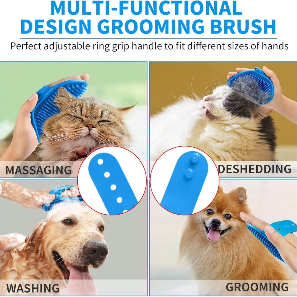 Dog Bath Brush Set โ Shampoo Dispensing Brush & 2 Adjustable Ring-Handle Scrubbers, Blue โ view 3