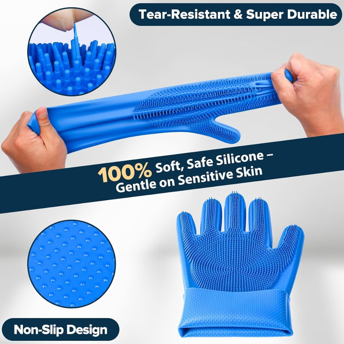 6-Piece Silicone Pet Bath Kit with Grooming Gloves, Bath Brushes & Finger Toothbrushes, Blue โ view 3