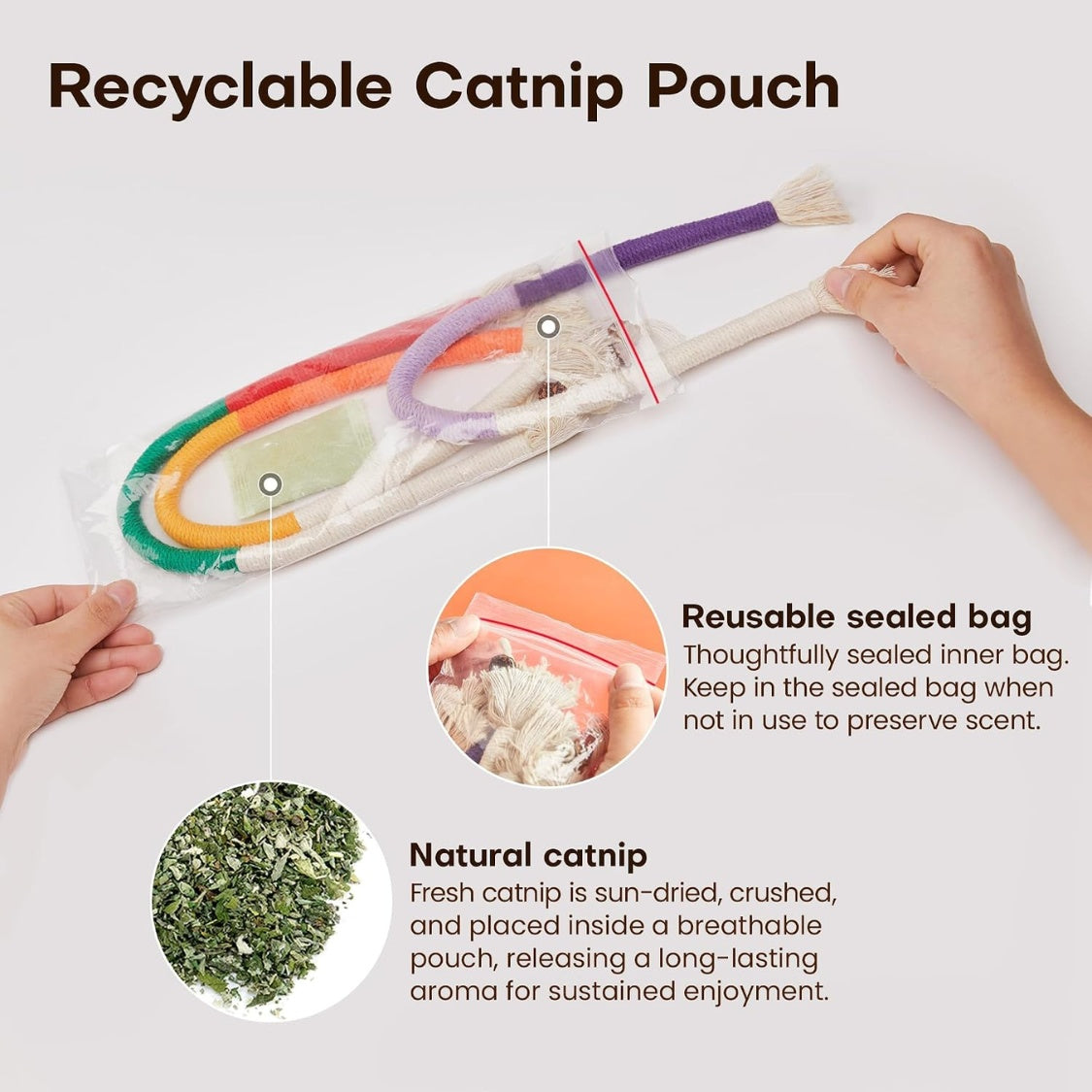 Cat Chew Rope Toys 3-Piece Set with Refillable Catnip Bag, Cotton Rope with Tassels โ view 4