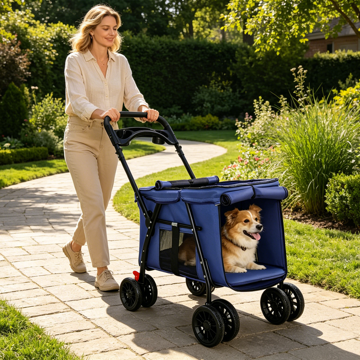 Foldable 4-Wheel Pet Stroller โ Breathable Mesh, Shockproof Wheels, Brakes, Holds 33 lbs, Navy Blue โ view 3