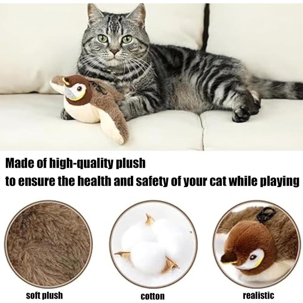 USB Rechargeable Flapping Bird Cat Toy, Chirping Plush Sparrow with Real Feathers and Catnip โ view 6