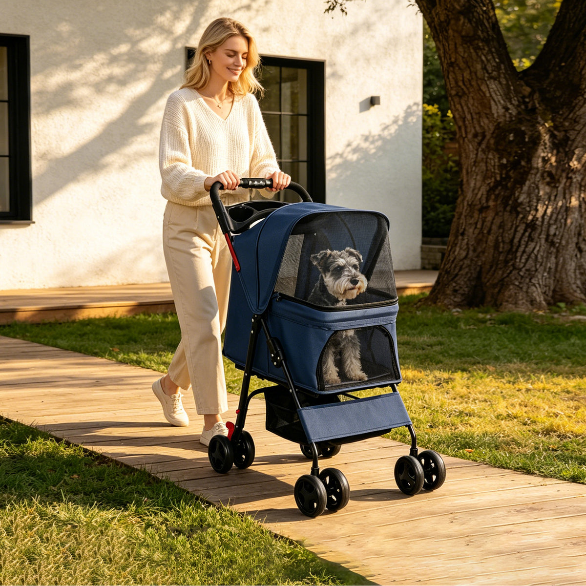 Foldable Pet Stroller for Small Dogs and Cats โ Up to 28 lbs, Tray, Storage Basket, 4 Wheels, Blue โ view 5