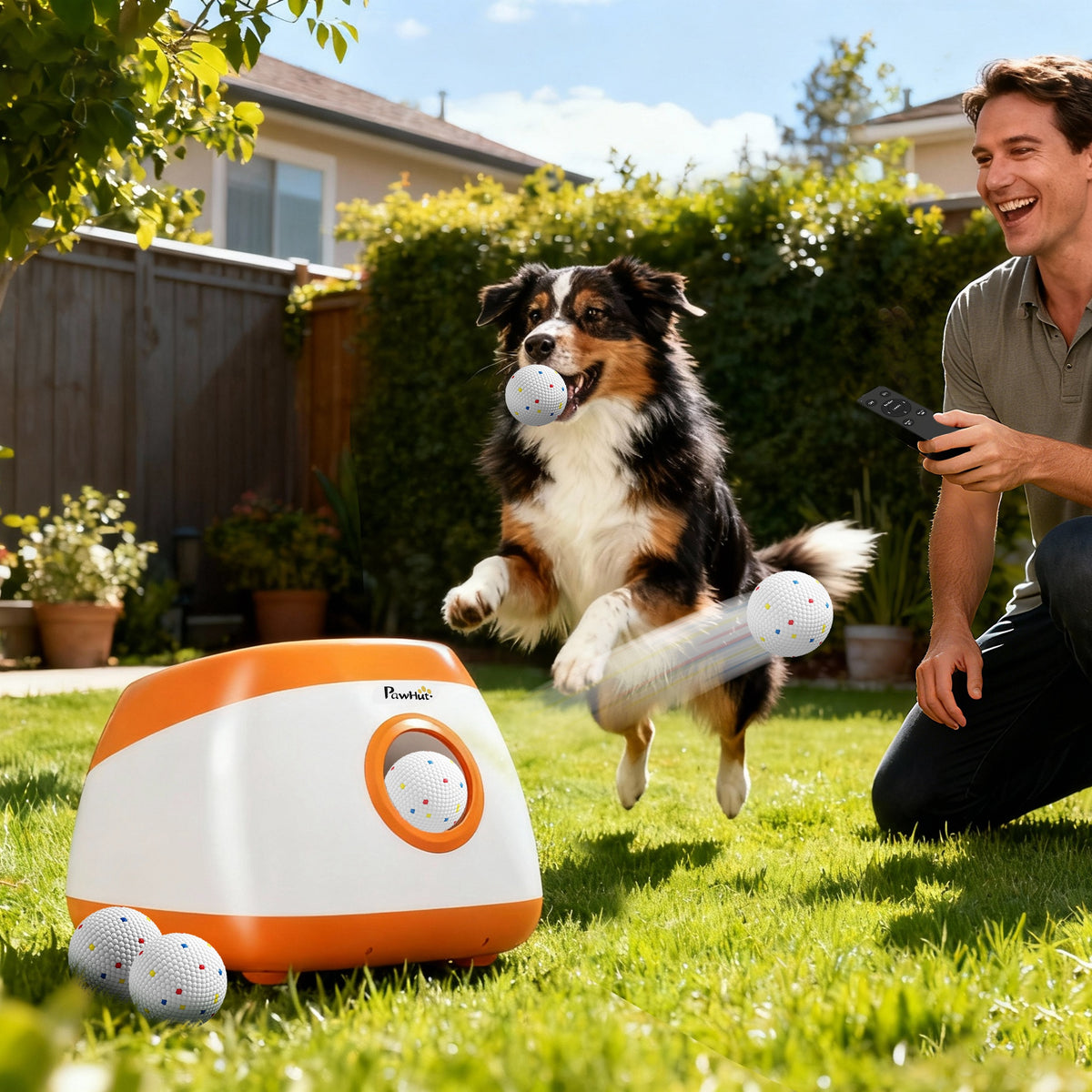 Automatic Dog Ball Launcher with Remote Control, 26–79 ft Range and 6 Balls, Orange