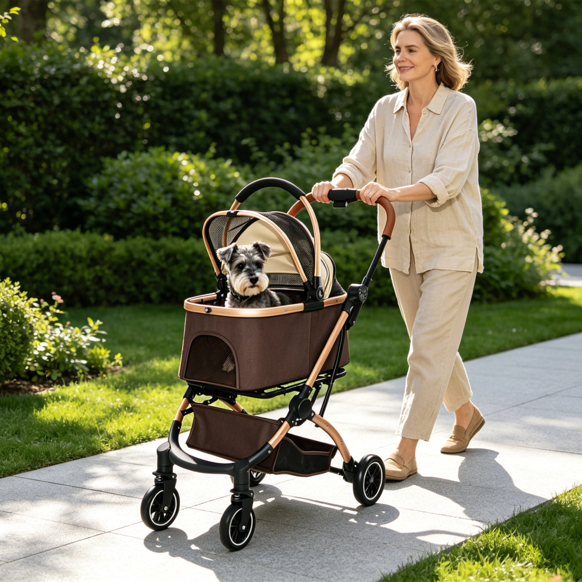 2-in-1 Foldable Pet Stroller – Detachable Carrier, 4 Wheels, Sun Canopy, Khaki – view 5