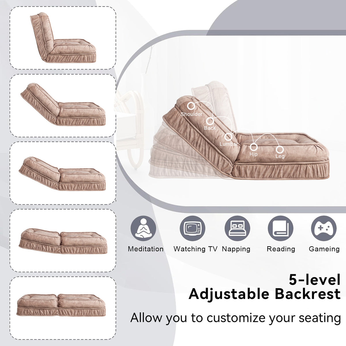 Human-Size Dog Bed Floor Sofa โ 5-Position Adjustable Backrest, Velvet, 2 Soft Pillows, Brown โ view 4