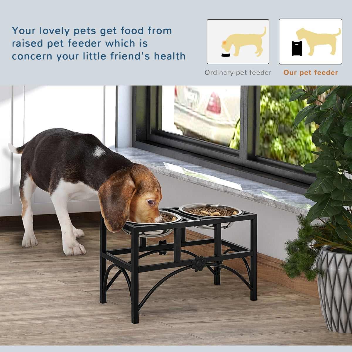 Elevated Double Dog Bowl Stand 17 in โ Iron Frame with 2 Stainless Steel Bowls, Black & Silver โ view 6