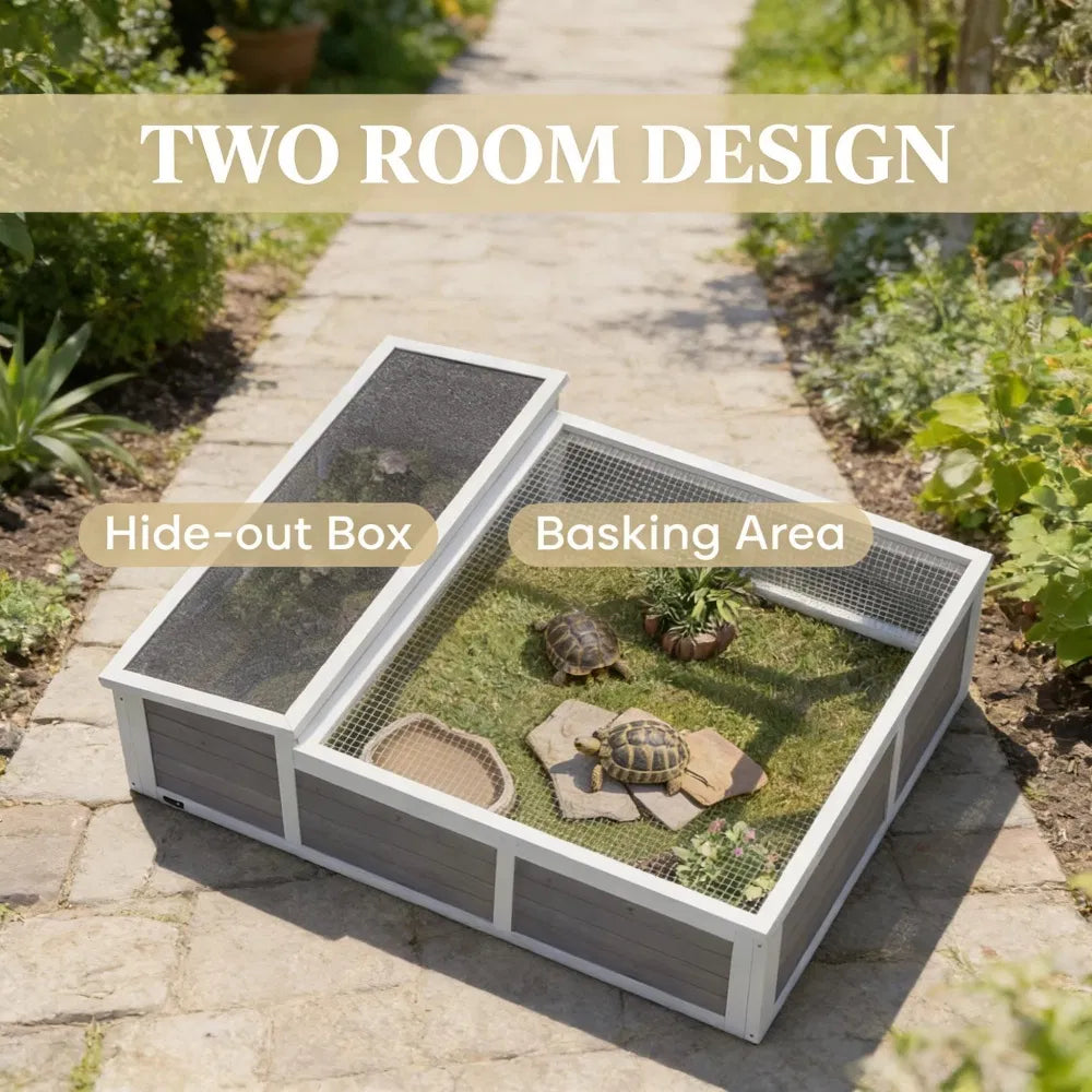 Wooden Outdoor Tortoise Habitat with Run, Basking Area & Large Window for Small Animals โ view 6