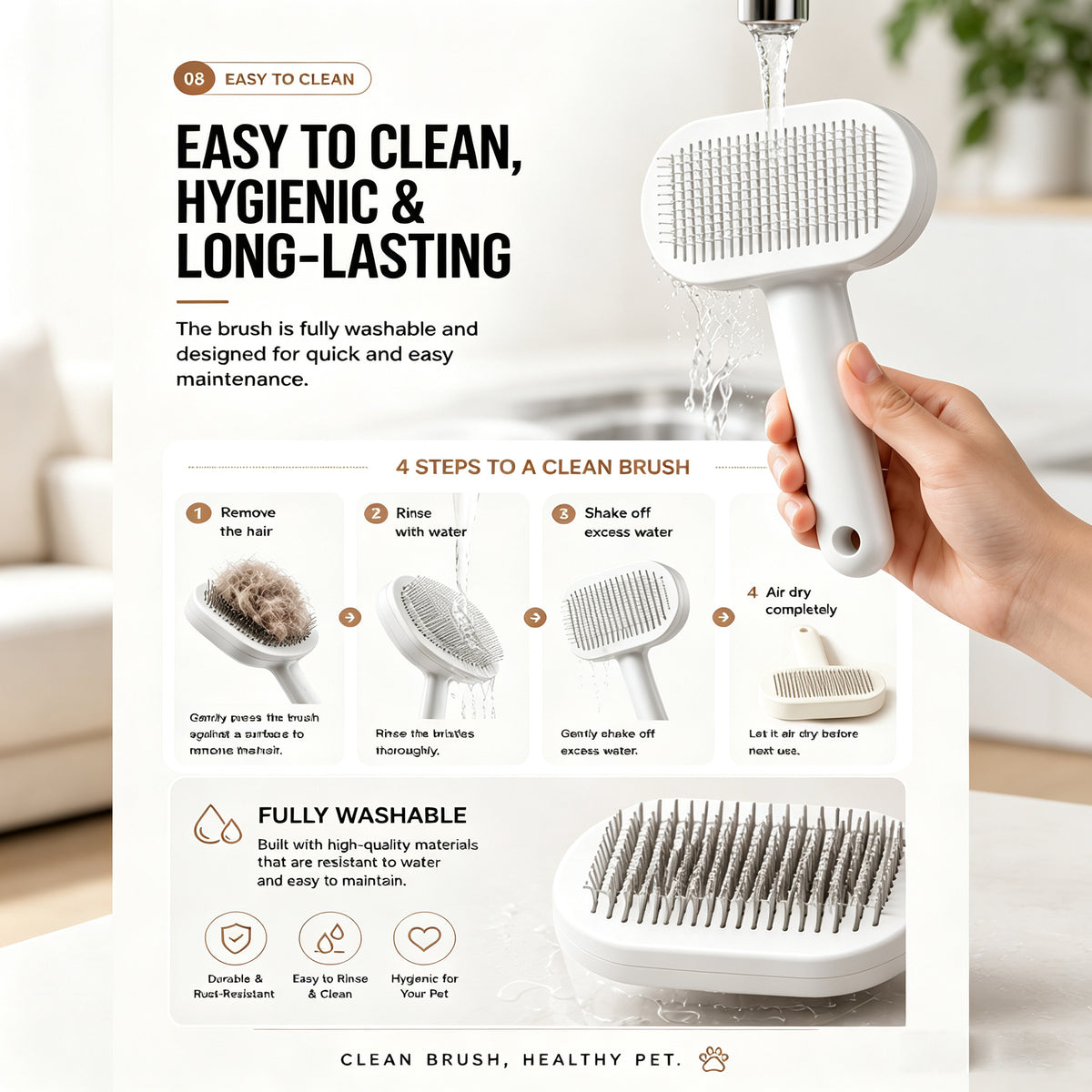 One-Click Self-Cleaning Slicker Brush for Cats & Dogs โ Stainless Steel Pins, White