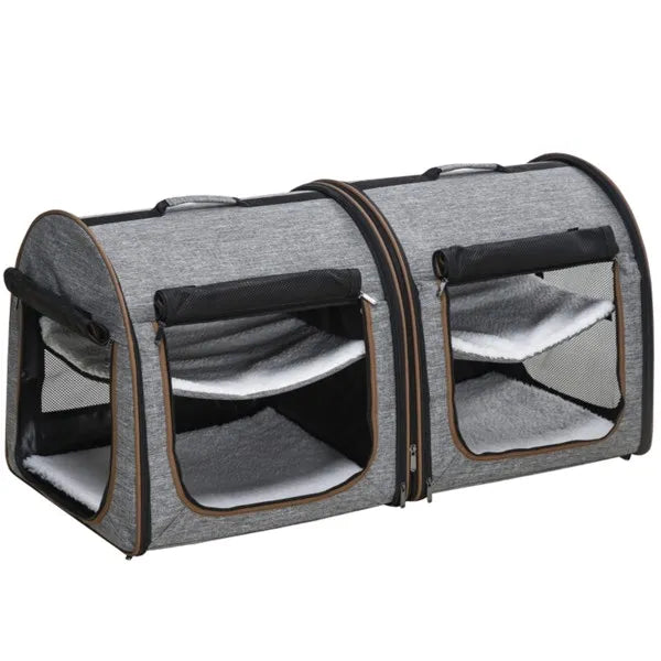 Foldable Double Cat Carrier โ Converts to 2 Carriers, Mesh Windows, Seat Belt Strap, Gray