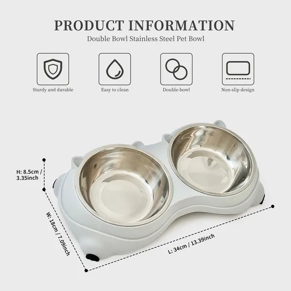 Double Stainless Steel Cat Bowl Set โ Non-Slip Base, 20 oz Food & Water Bowls, Gray
