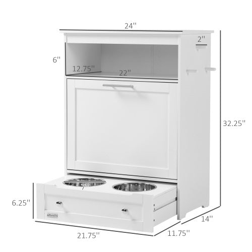 Pet Feeder Station Cabinet with Pull-Out Bowl Drawer, Storage Shelves & Hooks โ White โ view 5