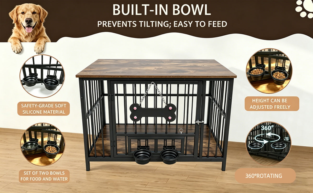 Wood Grain Metal Dog Crate Furniture โ Double Outside-Fill Bowls, Bone Door Plaque, Brown & Black โ view 10