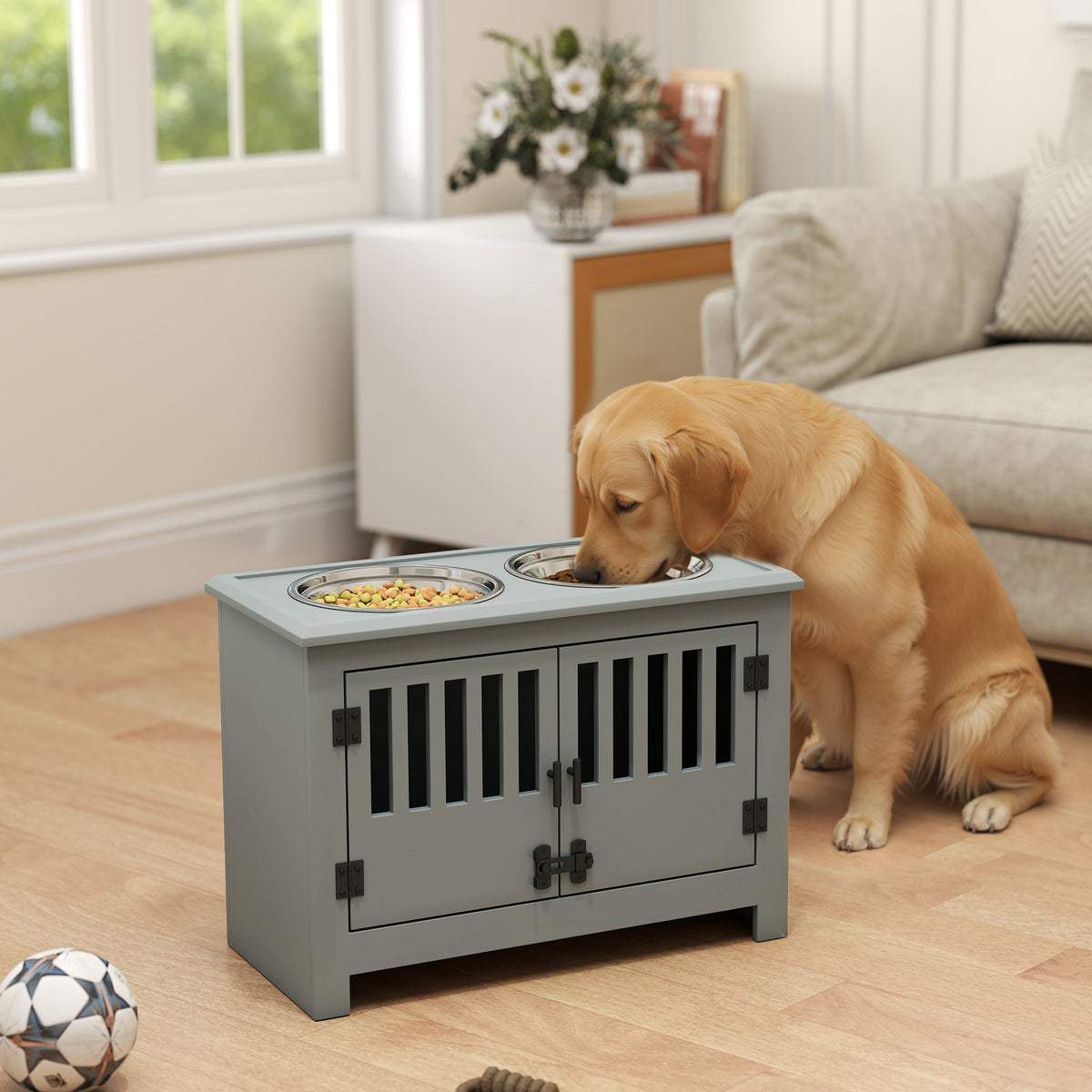 Raised Dog Feeding Station with 37L Storage Cabinet & 2 Stainless Steel Bowls, Gray