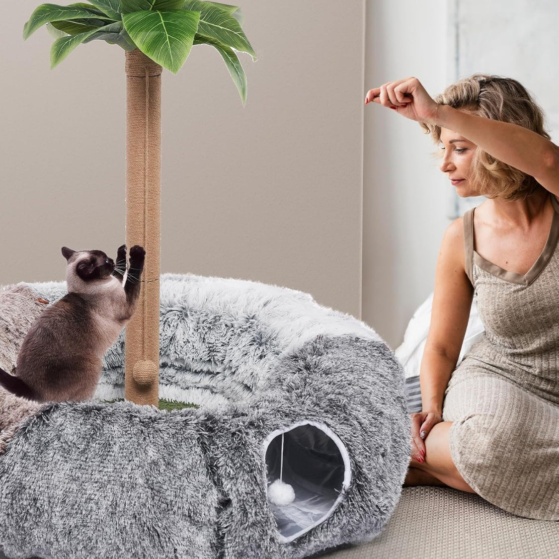 Large Plush Donut Cat Tunnel with Detachable Bed and 20 Cat Toys, 87 in, Gray โ view 2