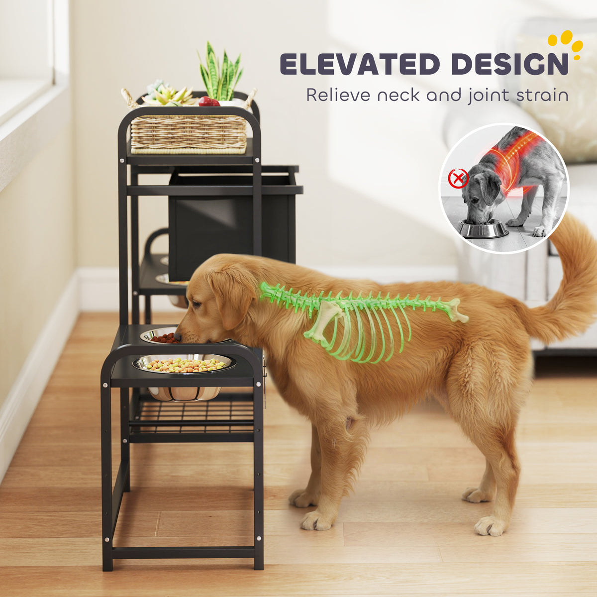 Height-Adjustable Dog Feeding Station with 4 Stainless Bowls, Drawer & Toy Bin, Black โ view 6